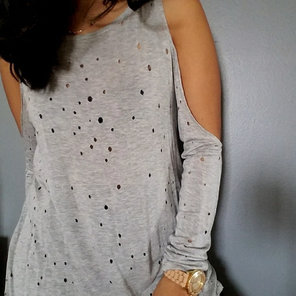 🍁BOGO🍁GRAY PERFORATED COLD SHOULDER TOP - Picture 5 of 6